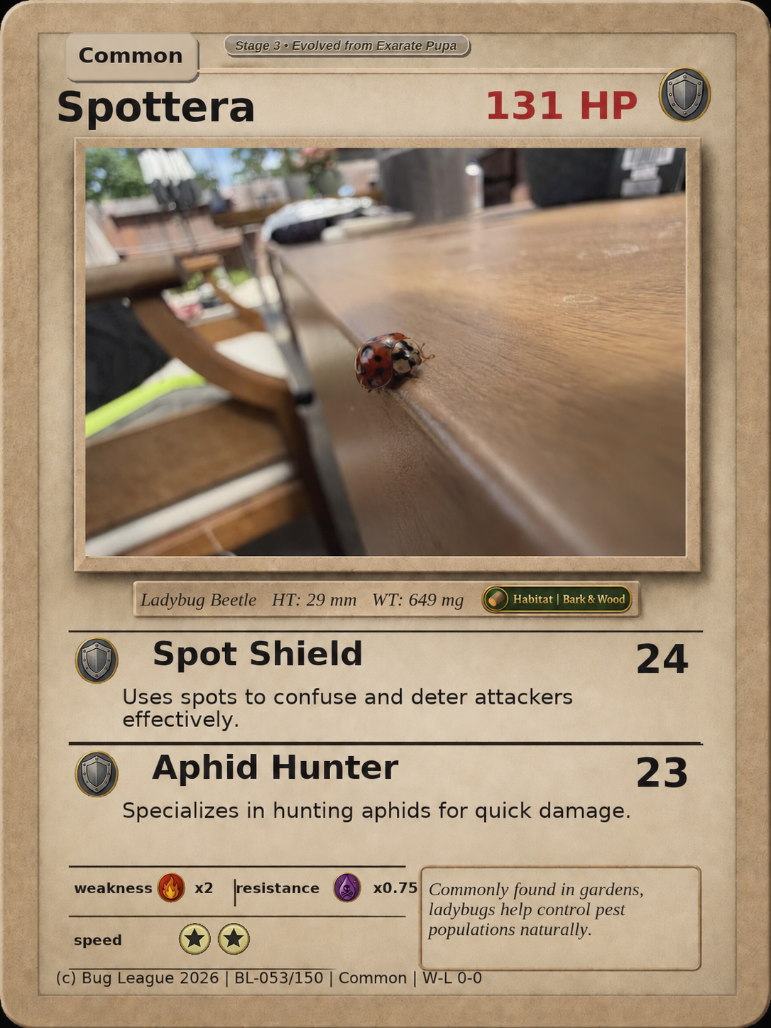 Spottera collectible: 131 HP, Spot Shield 24, Aphid Hunter 23